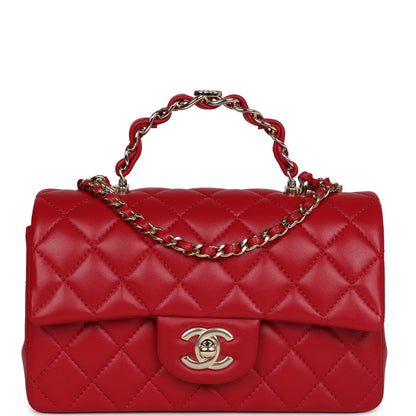 Chanel Mini Rectangular Flap with Top Handle Red Lambskin Light Gold Hardware