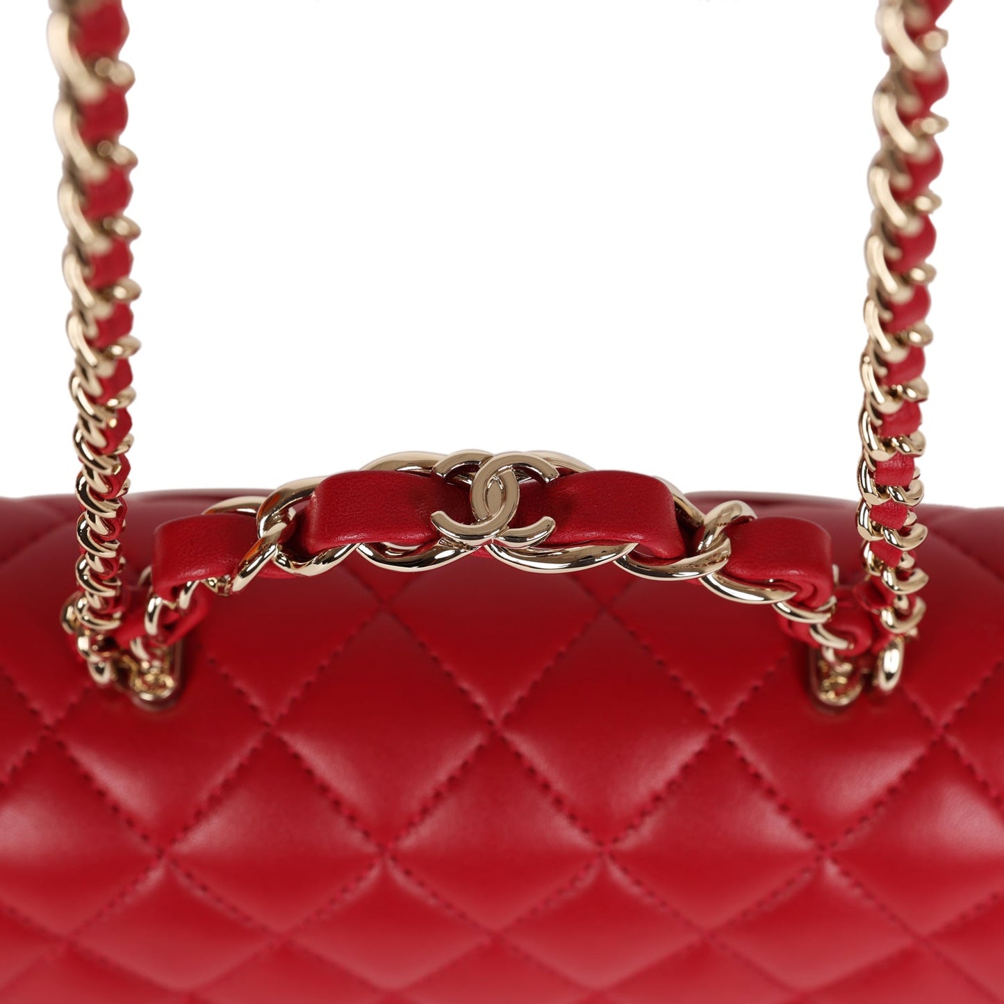 Chanel Mini Rectangular Flap with Top Handle Red Lambskin Light Gold Hardware