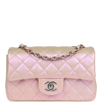 Chanel Mini Rectangular Flap Bag Pink Iridescent Calfskin Silver Hardware