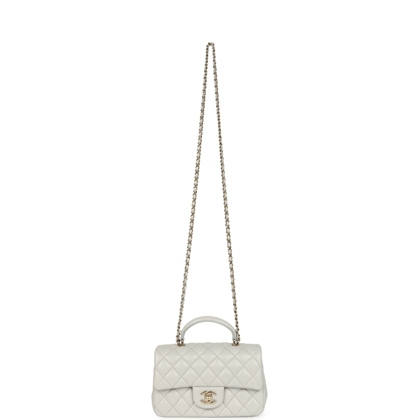 Chanel Mini Rectangular Flap Bag with Top Handle Light Grey Lambskin Light Gold Hardware