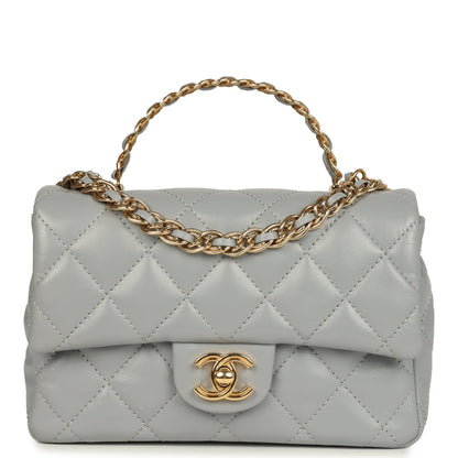 Chanel Mini CC Rectangular Flap Bag with Top Handle Light Grey Lambskin Gold Hardware