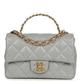 Chanel Mini CC Rectangular Flap Bag with Top Handle Light Grey Lambskin Gold Hardware