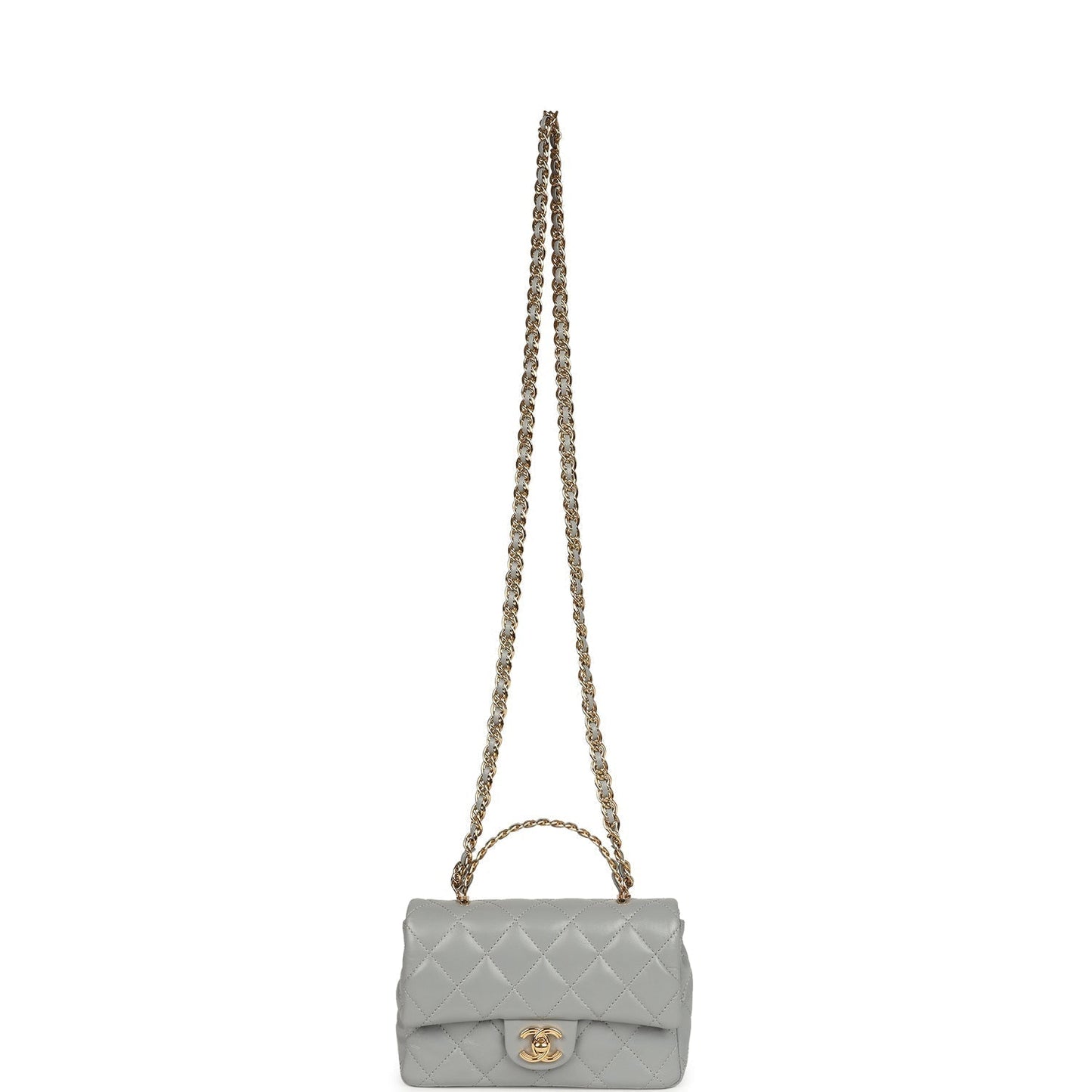 Chanel Mini CC Rectangular Flap Bag with Top Handle Light Grey Lambskin Gold Hardware