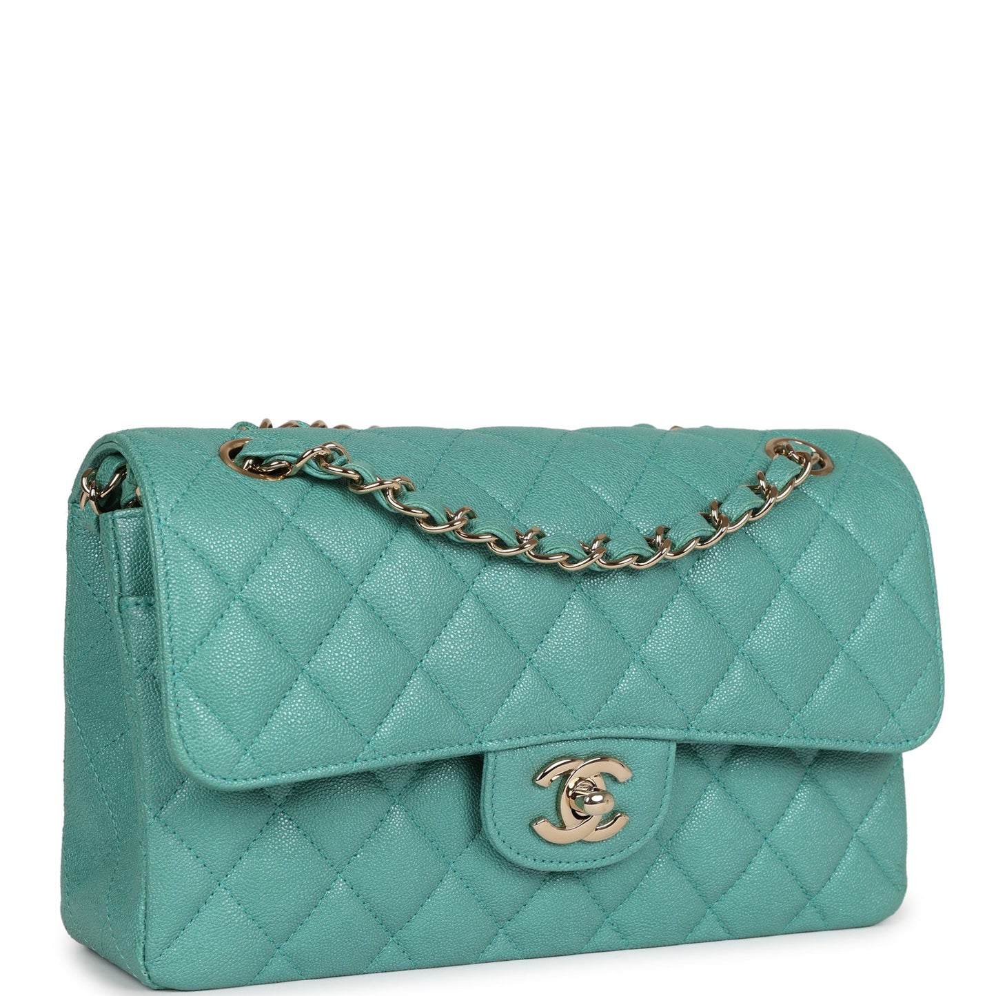 Chanel bag Small Classic Double Flap Turquoise Iridescent Caviar Light Gold Hardware