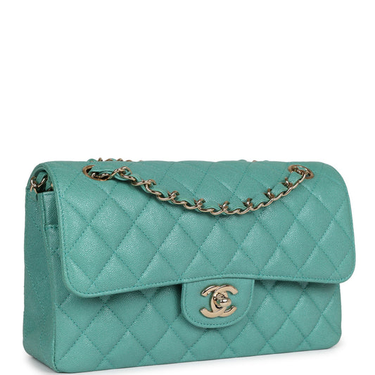 Chanel bag Small Classic Double Flap Turquoise Iridescent Caviar Light Gold Hardware