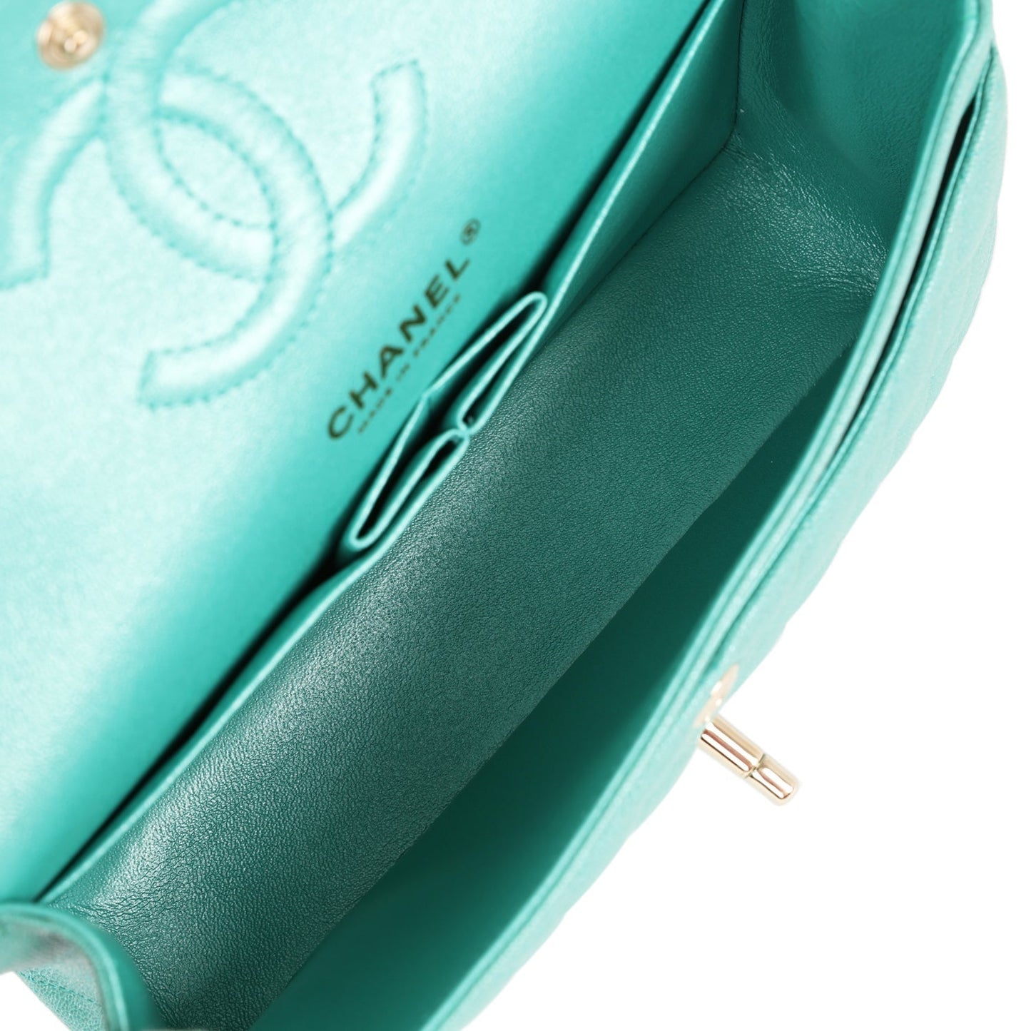 Chanel bag Small Classic Double Flap Turquoise Iridescent Caviar Light Gold Hardware