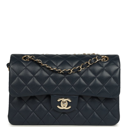 Chanel Small Classic Double Flap Bag Dark Blue Caviar Light Gold Hardware