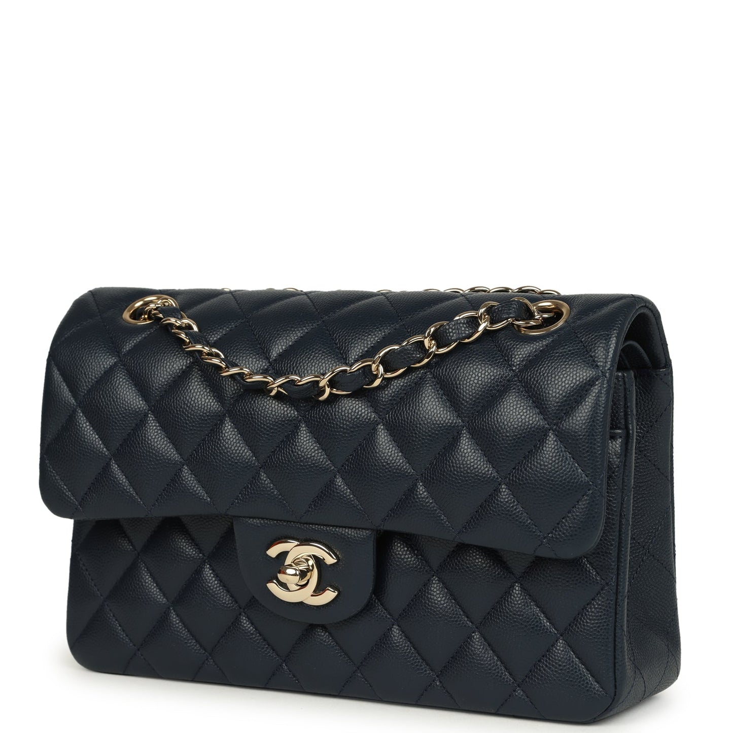 Chanel Small Classic Double Flap Bag Dark Blue Caviar Light Gold Hardware