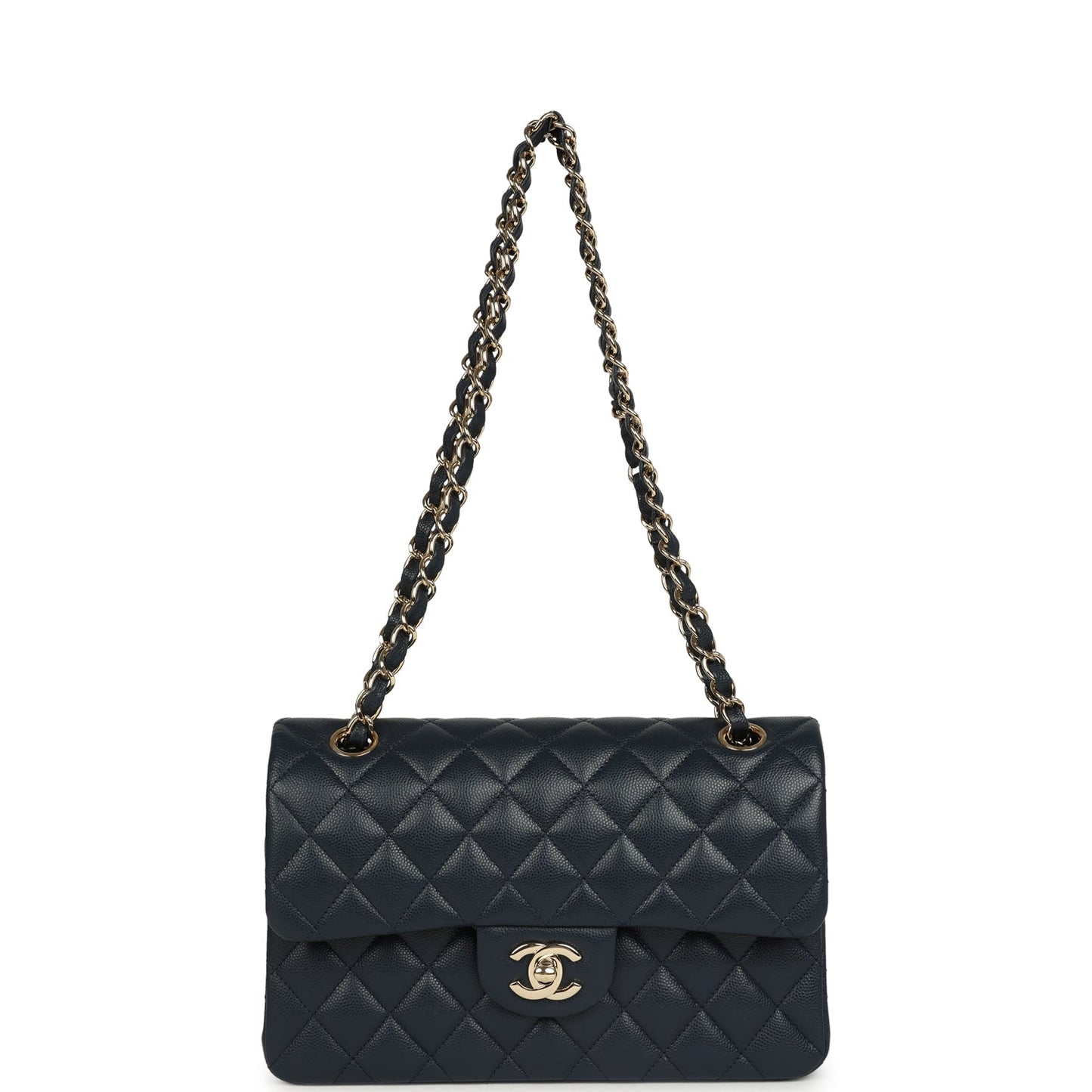 Chanel Small Classic Double Flap Bag Dark Blue Caviar Light Gold Hardware