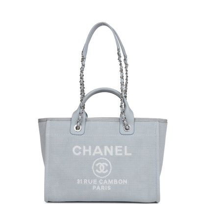 Chanel Small Deauville Shopping Bag Blue Boucle Silver Hardware