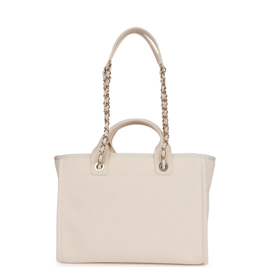 Chanel Small Deauville Shopping Bag White Boucle Light Gold Hardware