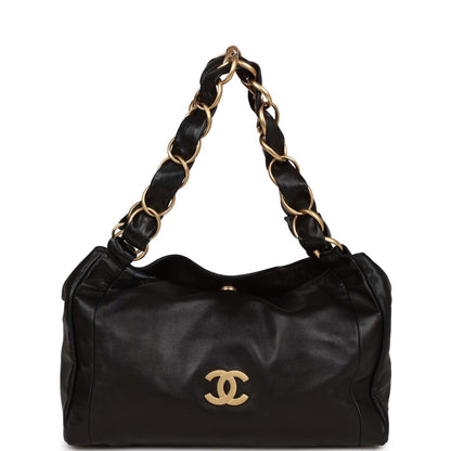 Chanel "Olsen" Hobo Shoulder Bag Black Lambskin Brushed Gold Hardware