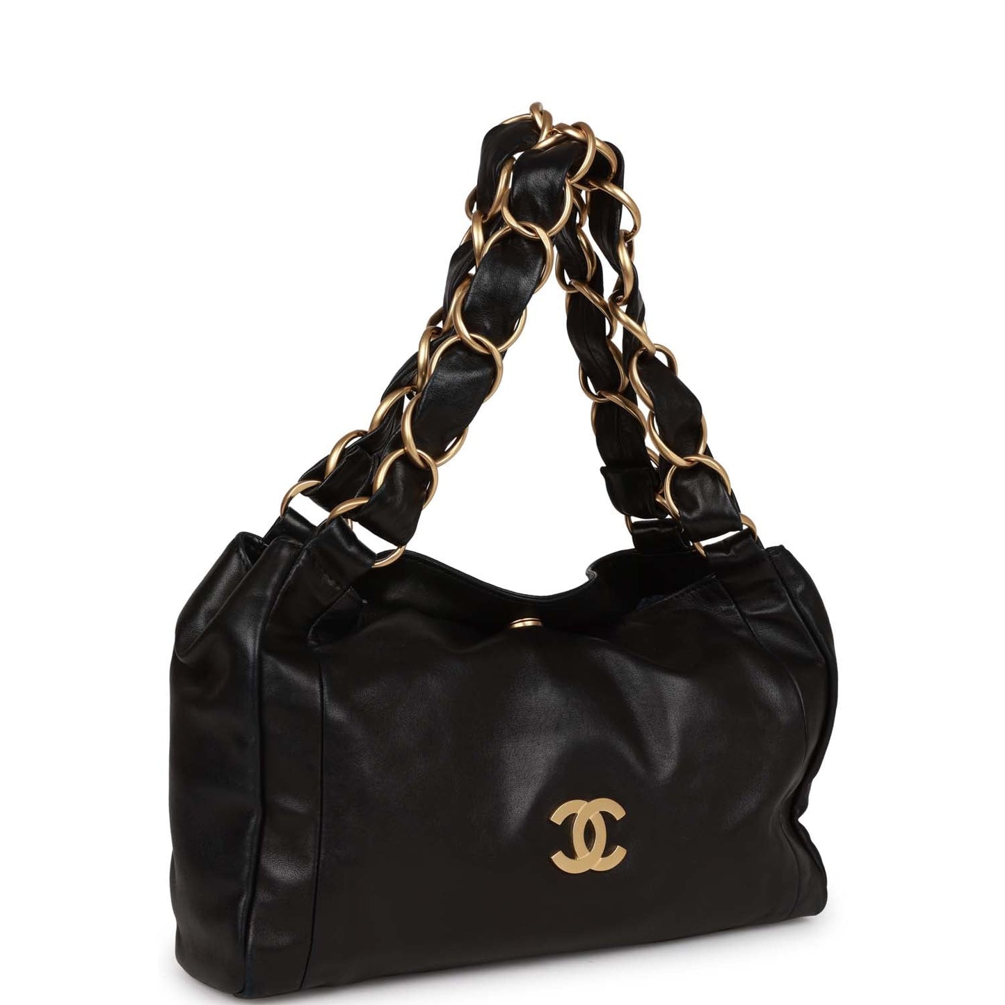 Chanel "Olsen" Hobo Shoulder Bag Black Lambskin Brushed Gold Hardware