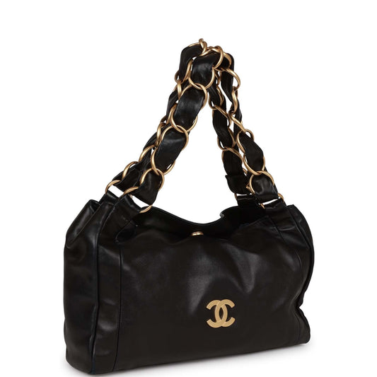 Chanel "Olsen" Hobo Shoulder Bag Black Lambskin Brushed Gold Hardware