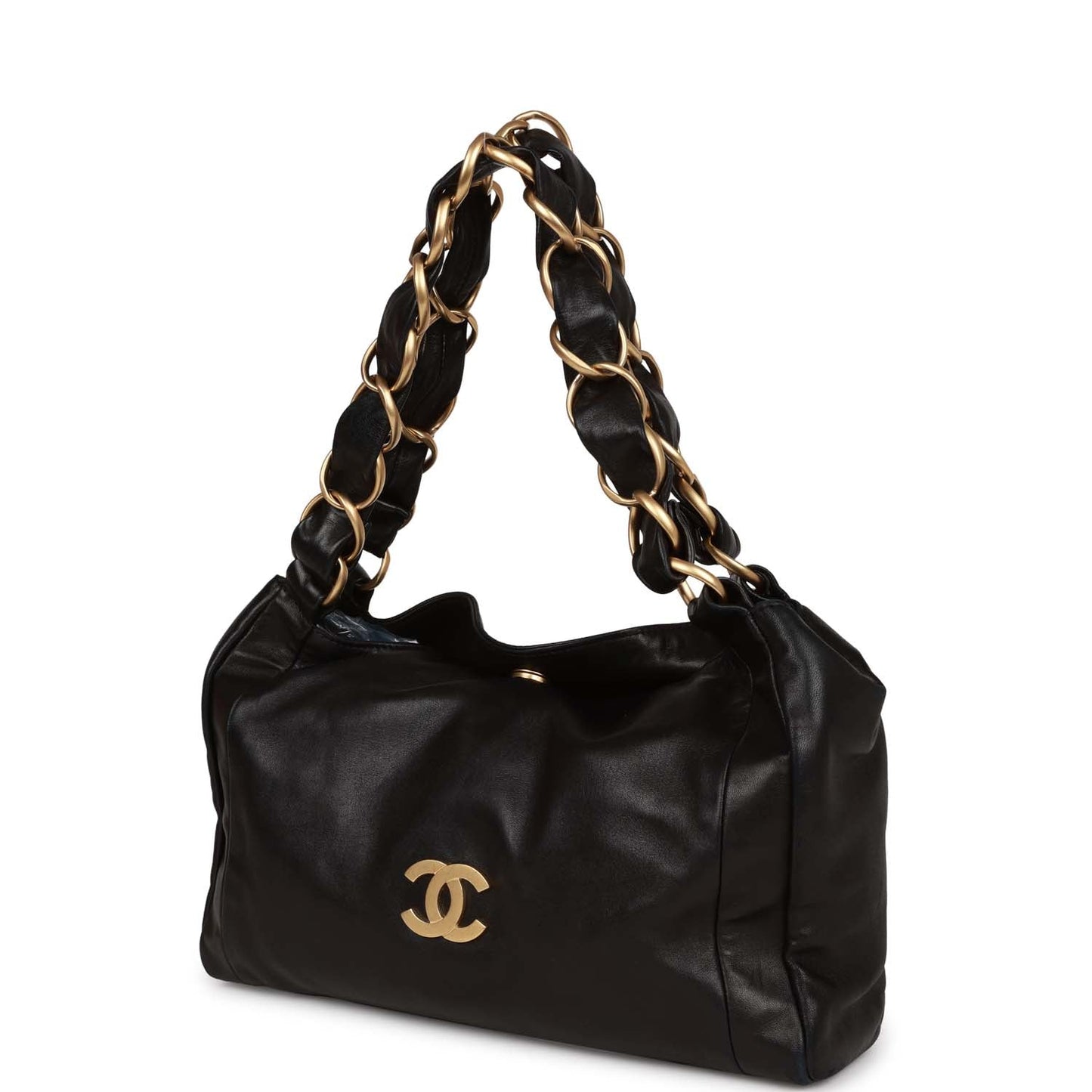 Chanel "Olsen" Hobo Shoulder Bag Black Lambskin Brushed Gold Hardware