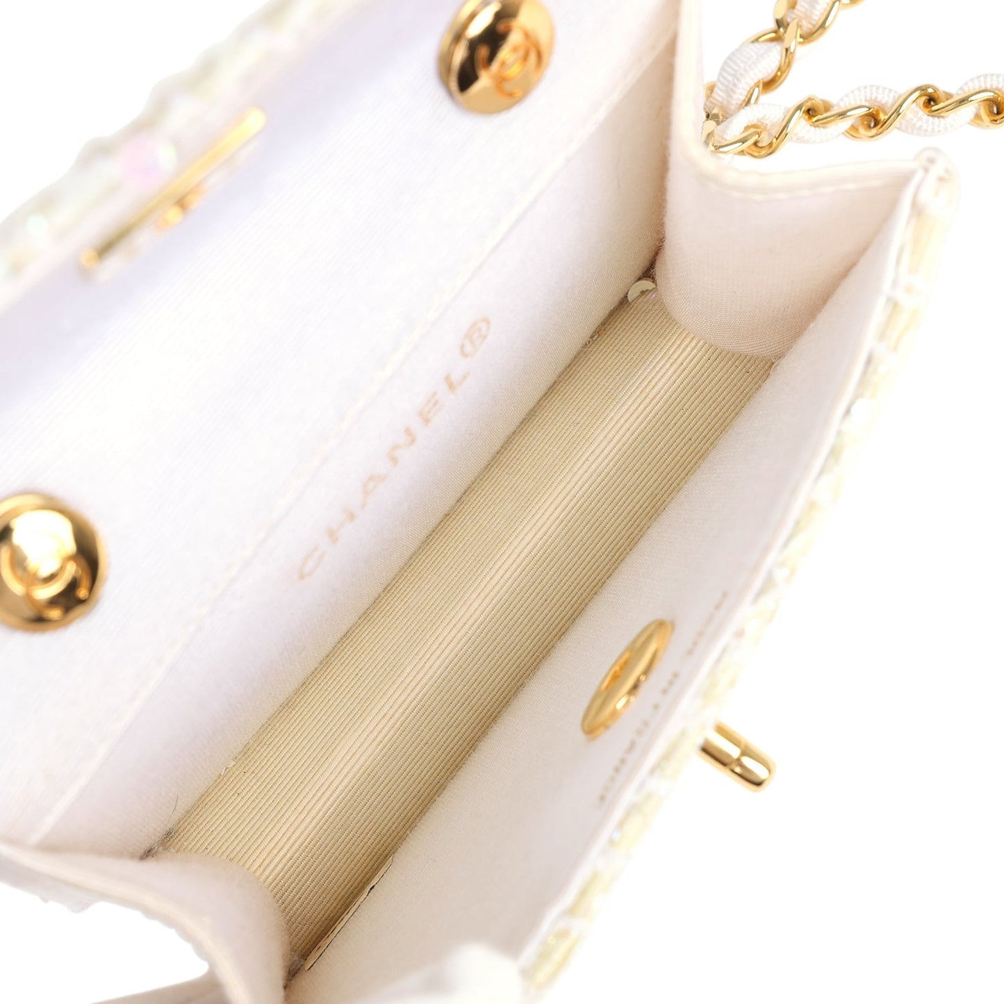 Chanel Micro Half Flap Iridescent Ivory Sequin Gold Hardware