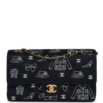 Chanel Medium Icon Print Double Flap Bag Navy Canvas Brushed Gold Hardware
