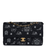 Chanel Medium Icon Print Double Flap Bag Navy Canvas Brushed Gold Hardware