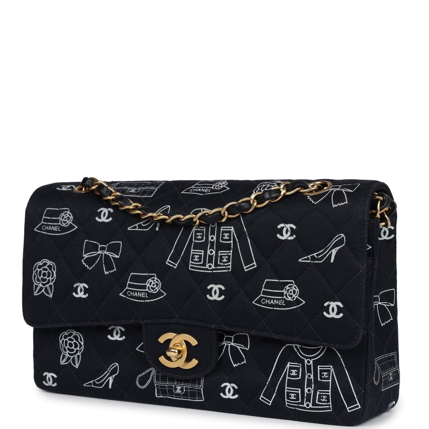 Chanel Medium Icon Print Double Flap Bag Navy Canvas Brushed Gold Hardware