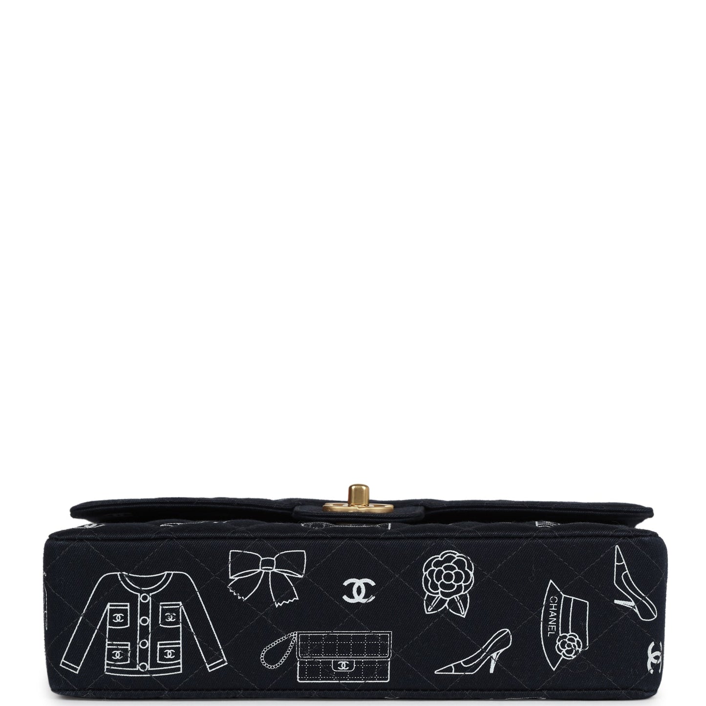 Chanel Medium Icon Print Double Flap Bag Navy Canvas Brushed Gold Hardware