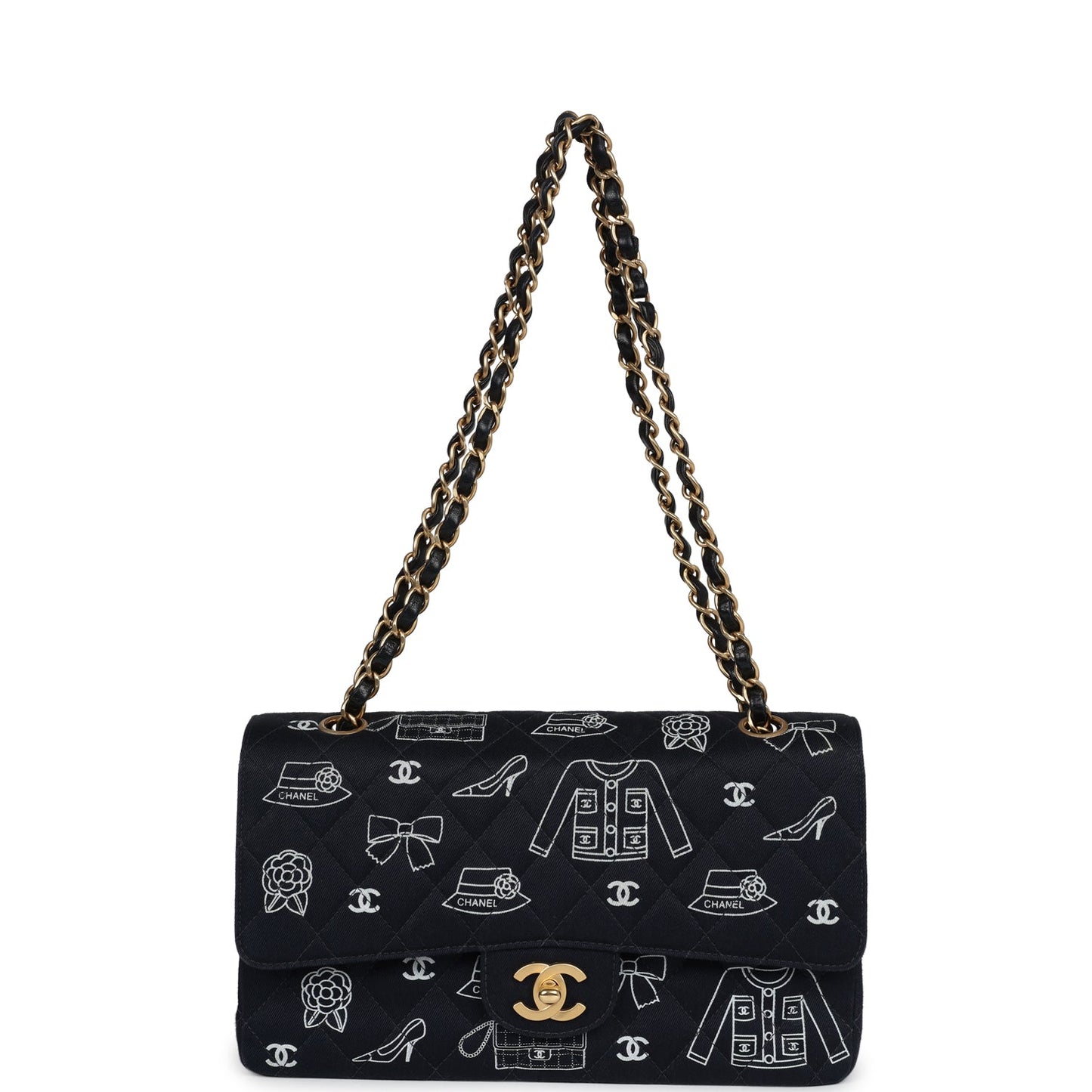 Chanel Medium Icon Print Double Flap Bag Navy Canvas Brushed Gold Hardware