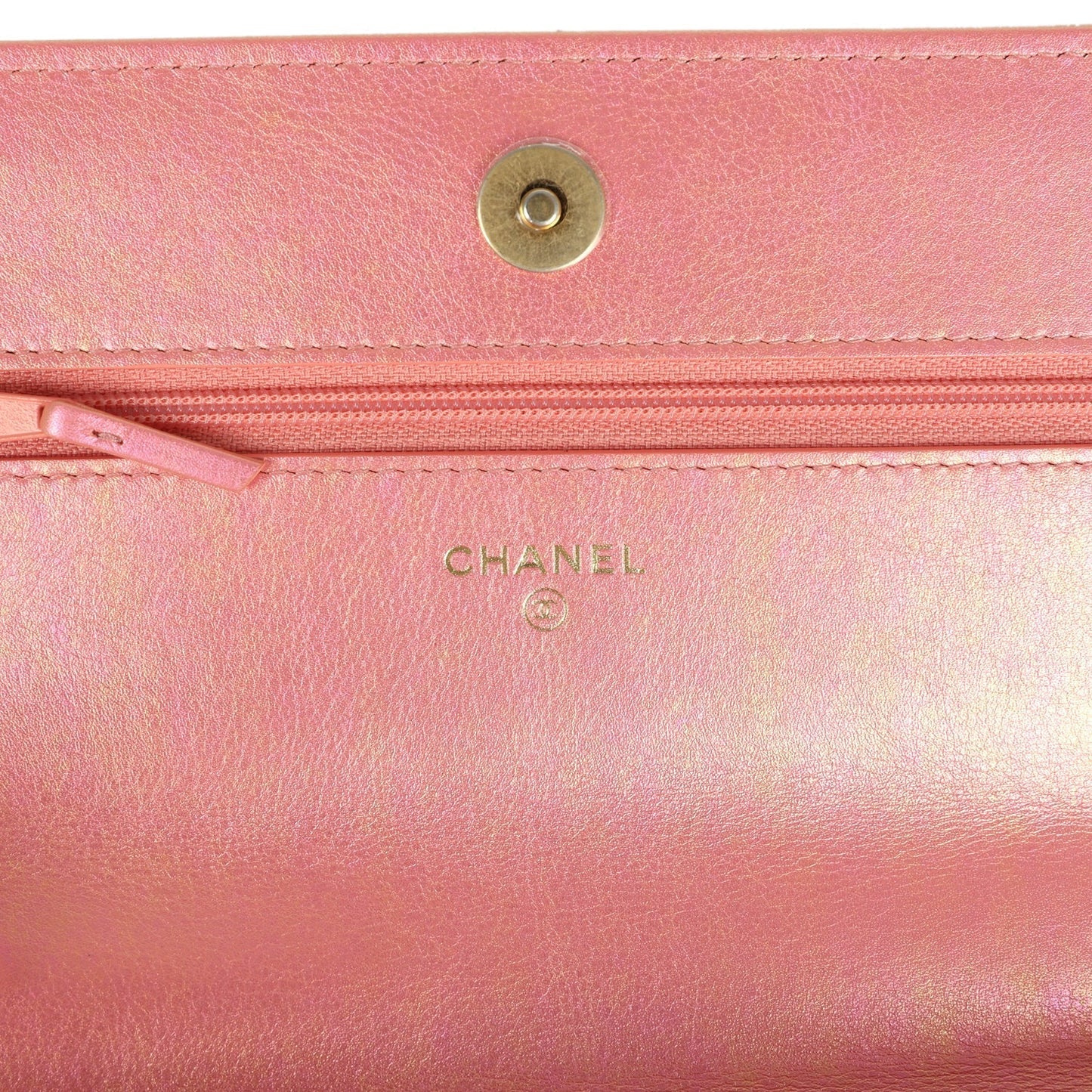 Chanel 19 Wallet On Chain WOC Pink Iridescent Shiny Lambskin Mixed Metal Hardware
