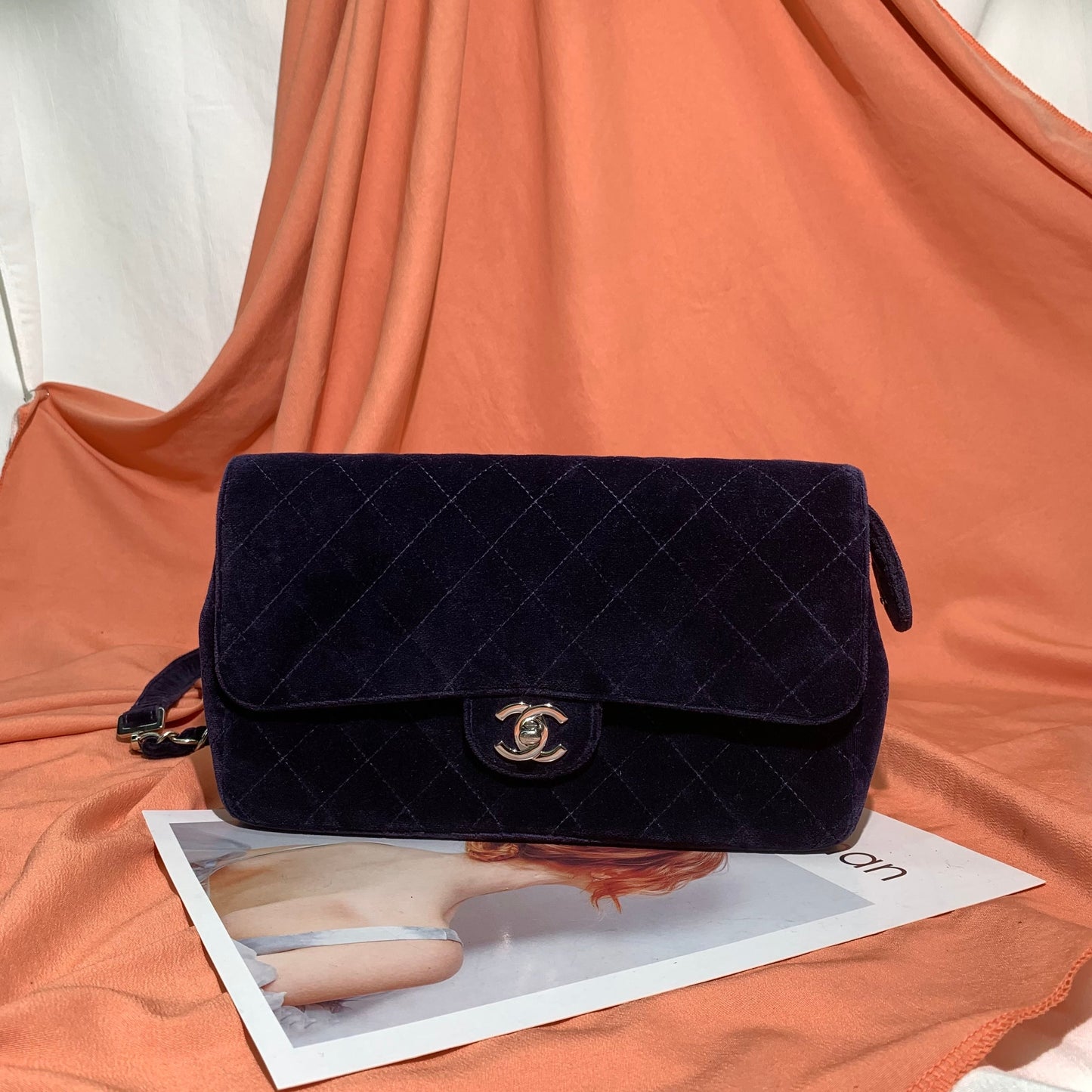 Chanel Navy Velvet Shoulder Flap Blackpack   Silver HW, 1996
