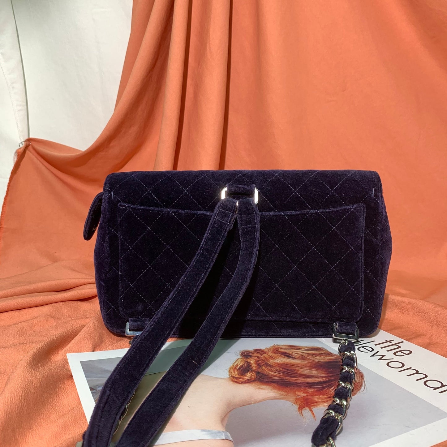 Chanel Navy Velvet Shoulder Flap Blackpack   Silver HW, 1996