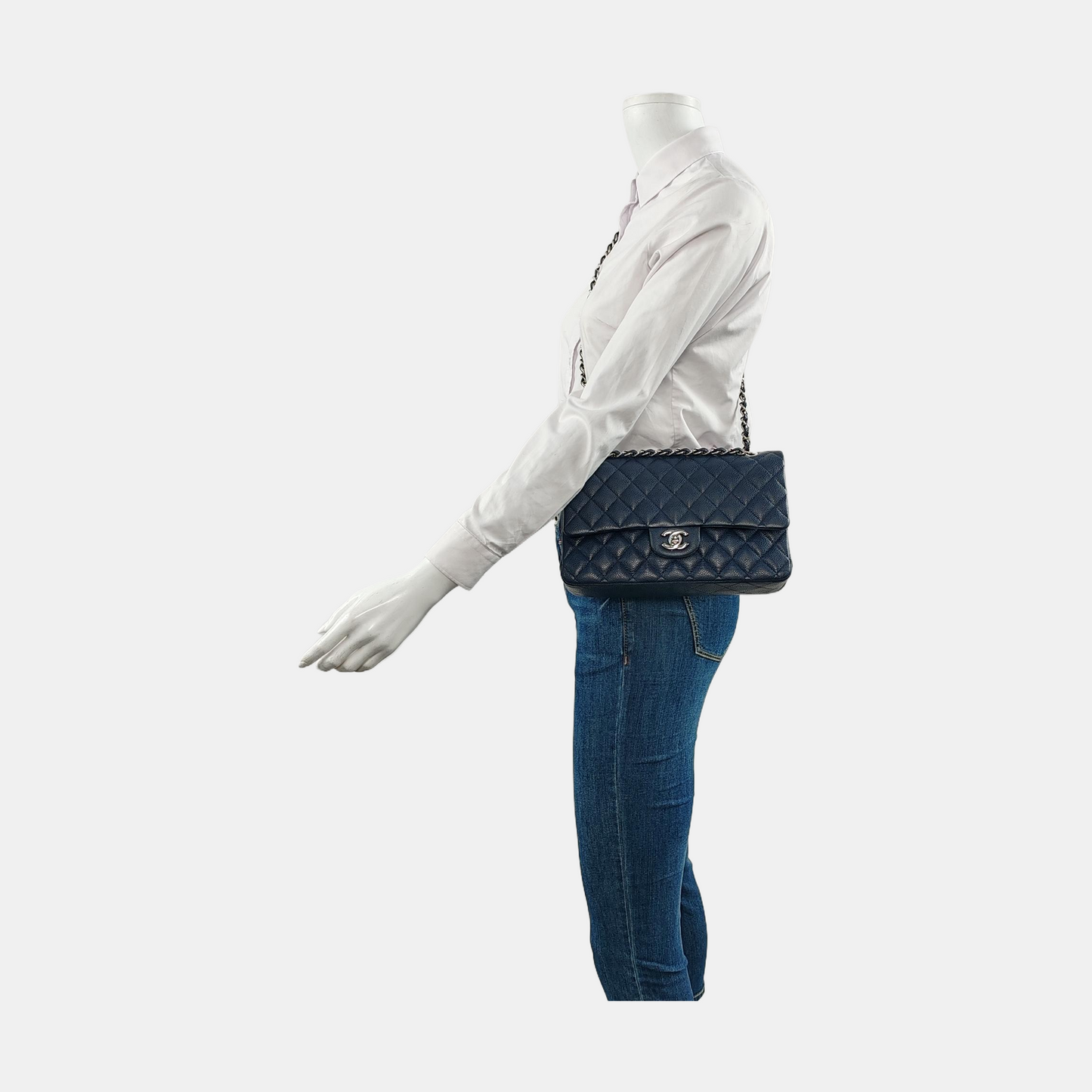 Chanel Classic Flap Medium Navy Caviar Leather Silver Hardware
