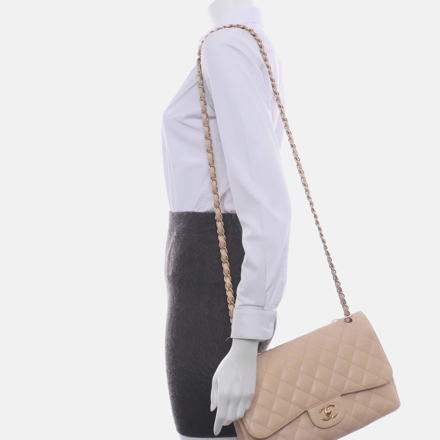 Chanel Classic Flap Jumbo 2010 Beige Caviar Leather Doublr Flap Gold Hardware