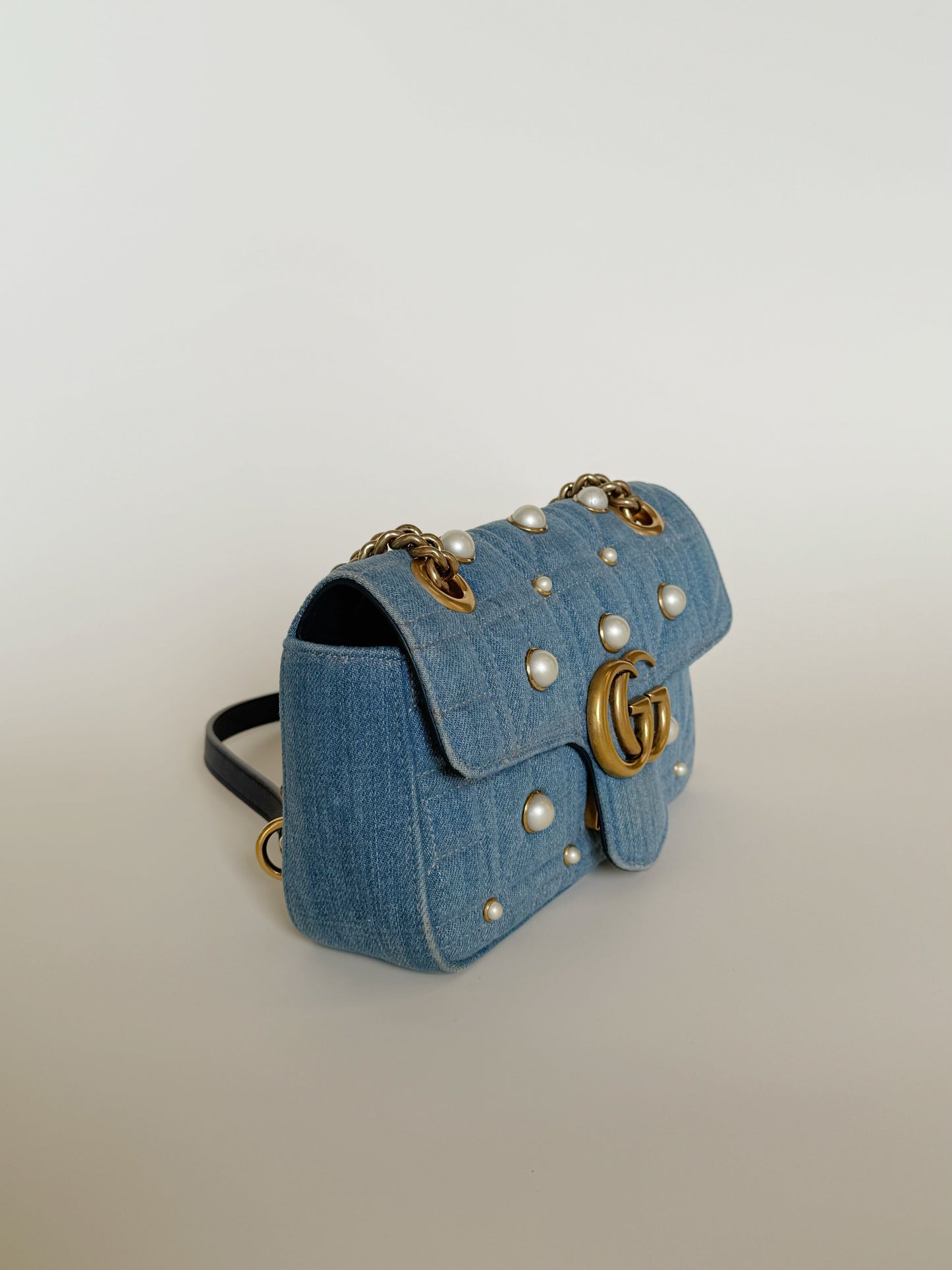 Gucci Denim Matelasse Pearl Studded GG Marmont Shoulder Bag Limited Edition