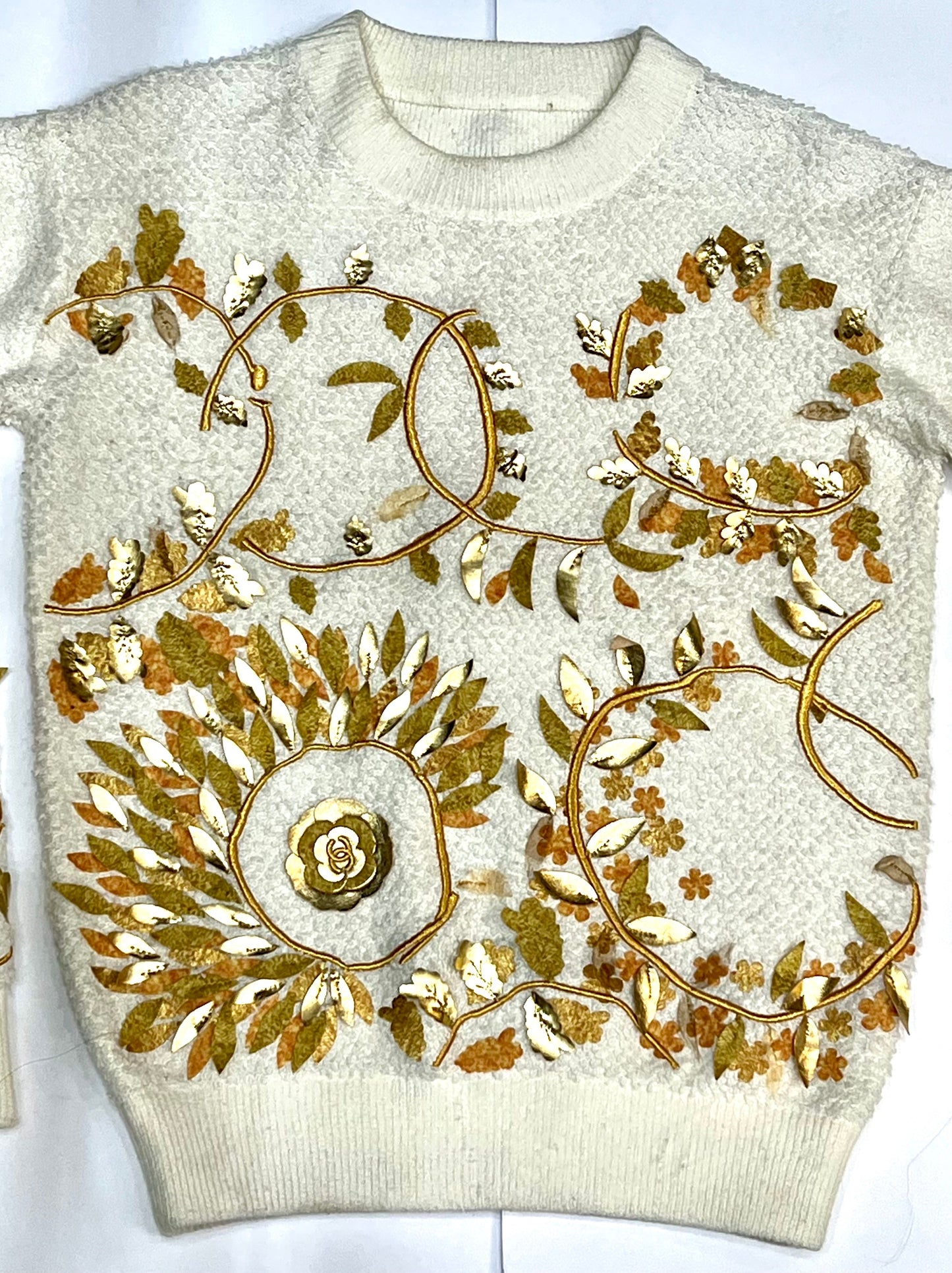 CHANEL 18C CC PARIS GREECE RUNWAY GOLD ECRU LOGO KNIT EMBELLISHED SWEATER