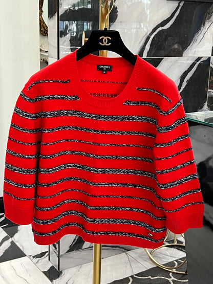 CHANEL 20S STRIPED CASHMERE KNIT PULLOVER TOP