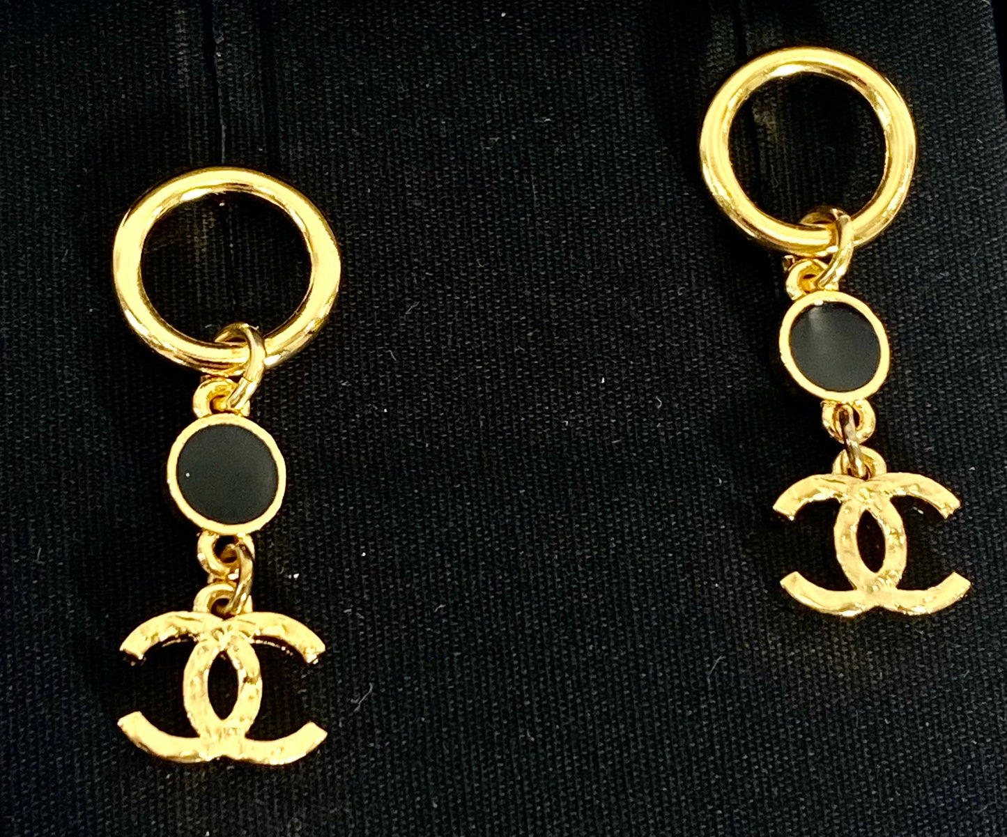 CHANEL GOLD TONE BLACK ENAMEL DANGLE EARRINGS