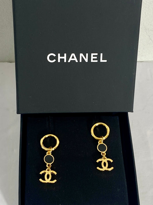 CHANEL GOLD TONE BLACK ENAMEL DANGLE EARRINGS