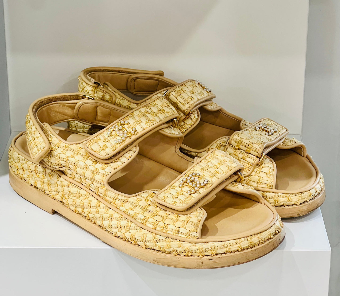 CHANEL BRAIDED RAFFIA VELCRO DAD SANDALS