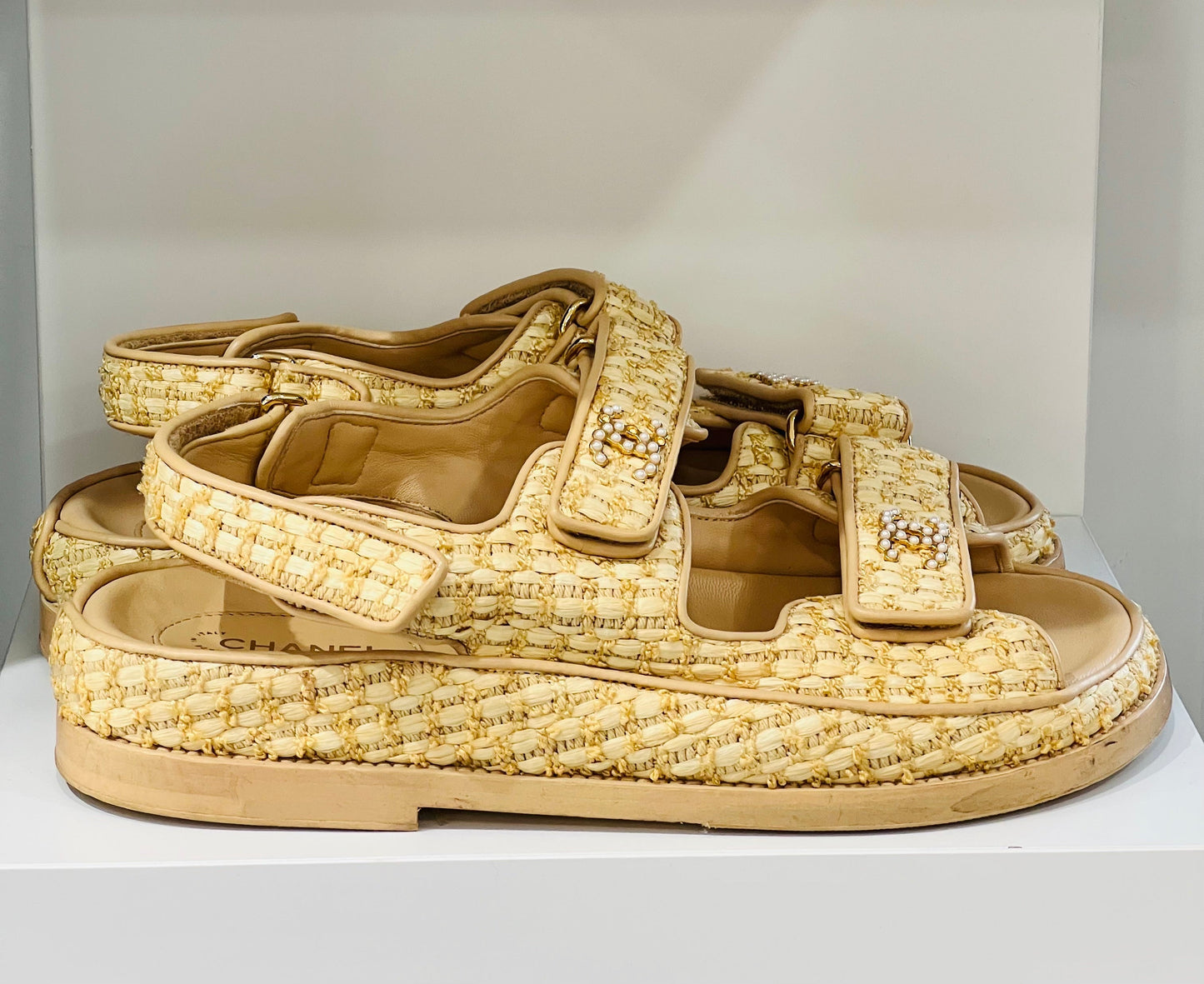 CHANEL BRAIDED RAFFIA VELCRO DAD SANDALS