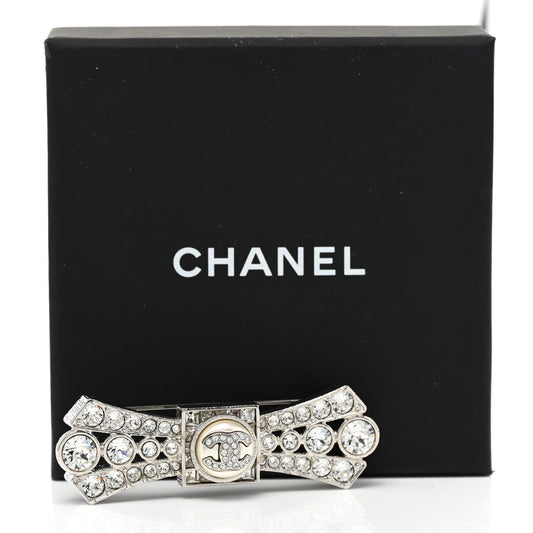 CHANEL CC LOGO CRYSTAL BOW BROOCH HAIR PIN