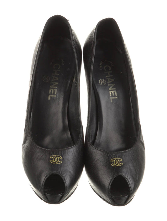 CHANEL CC CALFSKIN LEATHER PEEP TOE PUMPS