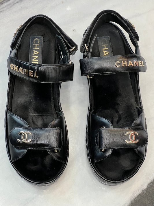 CHANEL CC LOGO VELCRO STRAP SANDALS
