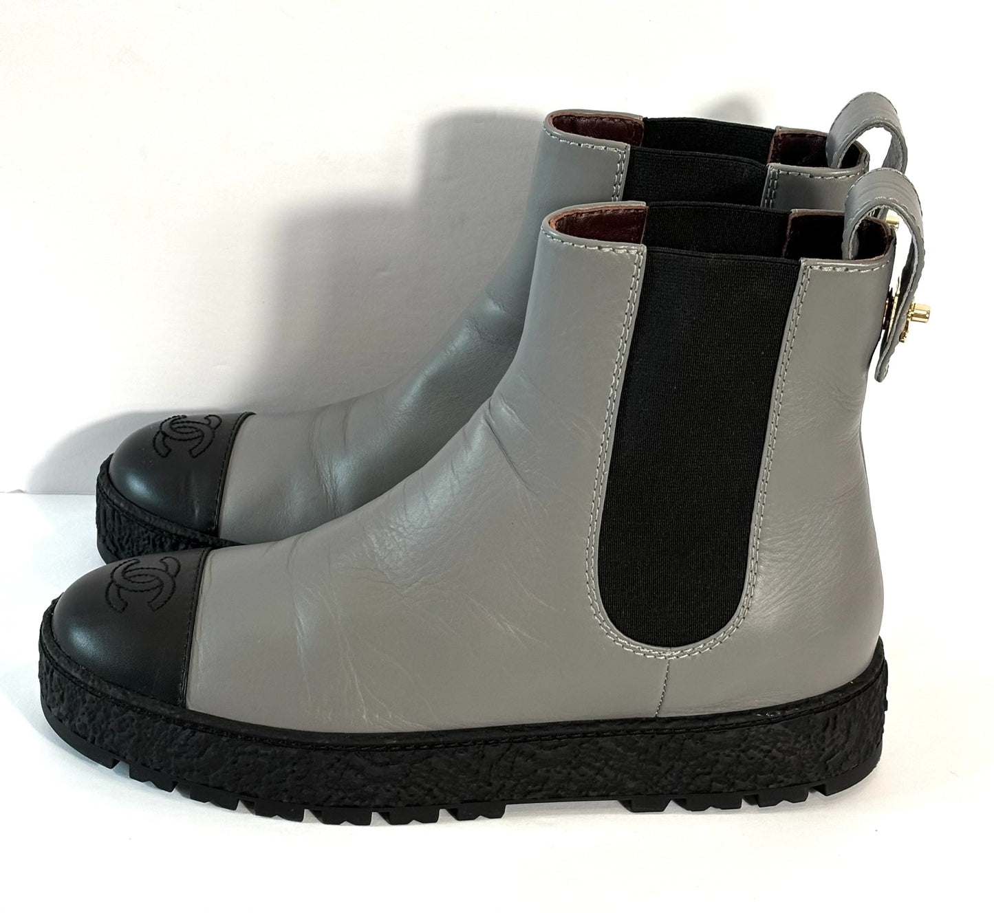CHANEL CALFSKIN LEATHER CC LOGO CHELSEA BOOTS