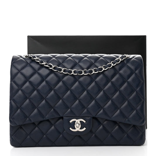 CHANEL CAVIAR QUILTED MAXI DOUBLE FLAP BAG IN NAVY