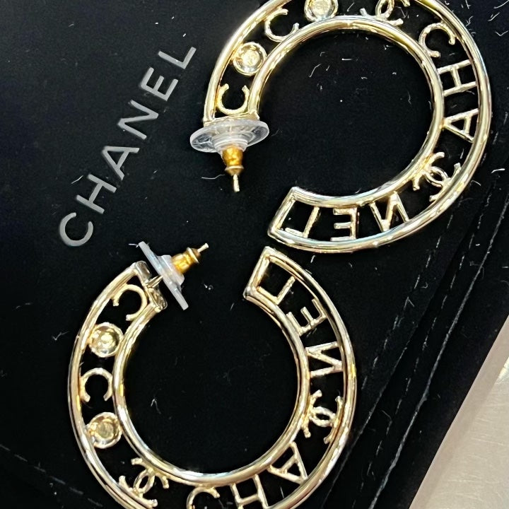 CHANEL CRYSTAL PEARL CC HOOP EARRINGS