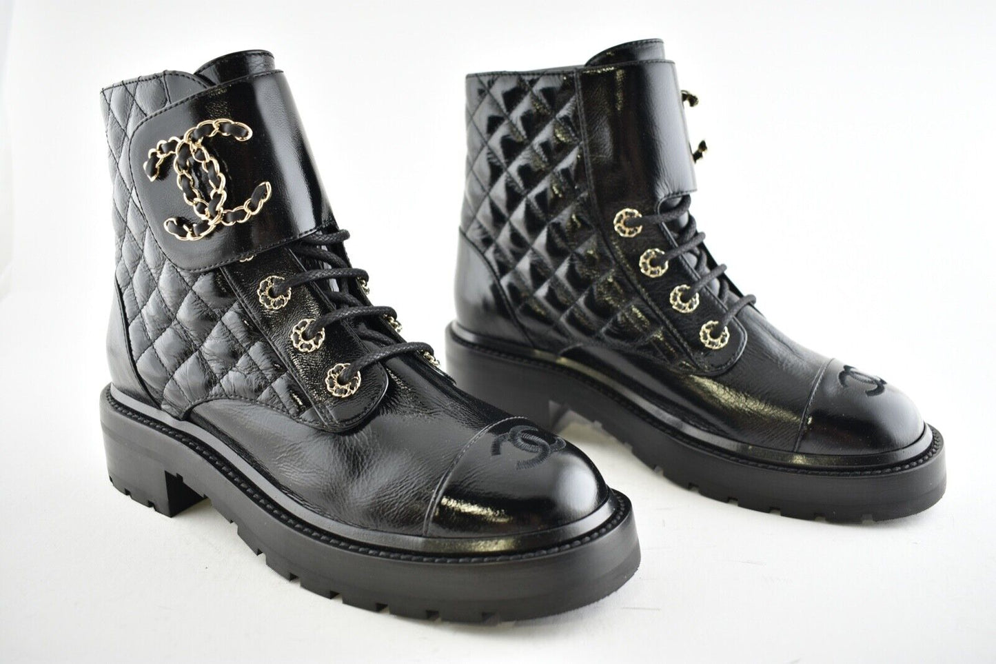 CHANEL SHINY CALFSKIN QUILTED COMBAT CHAIN BOOTS