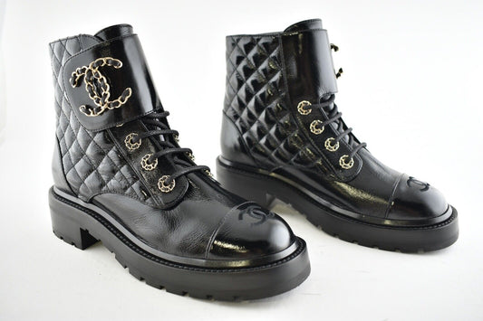 CHANEL SHINY CALFSKIN QUILTED COMBAT CHAIN BOOTS