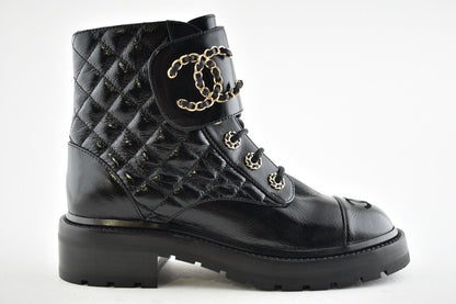 CHANEL SHINY CALFSKIN QUILTED COMBAT CHAIN BOOTS