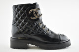 CHANEL SHINY CALFSKIN QUILTED COMBAT CHAIN BOOTS