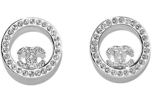 CHANEL CC CRYSTAL ROUND SILVER STUD EARRINGS