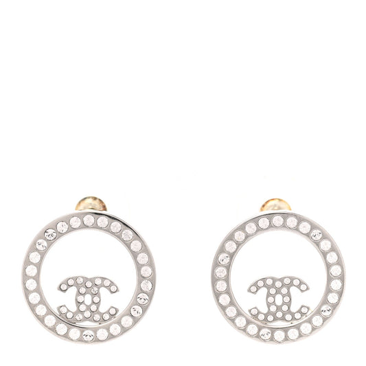 CHANEL CC CRYSTAL ROUND SILVER STUD EARRINGS