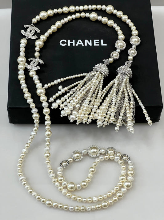 CHANEL FAUX PEARL CRYSTAL CC TASSLE NECKLACE/ BELT